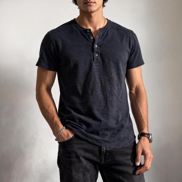 Wings + Horns Slub Cotton Henley Made in Canada Black Medium - Picture 2 of 7